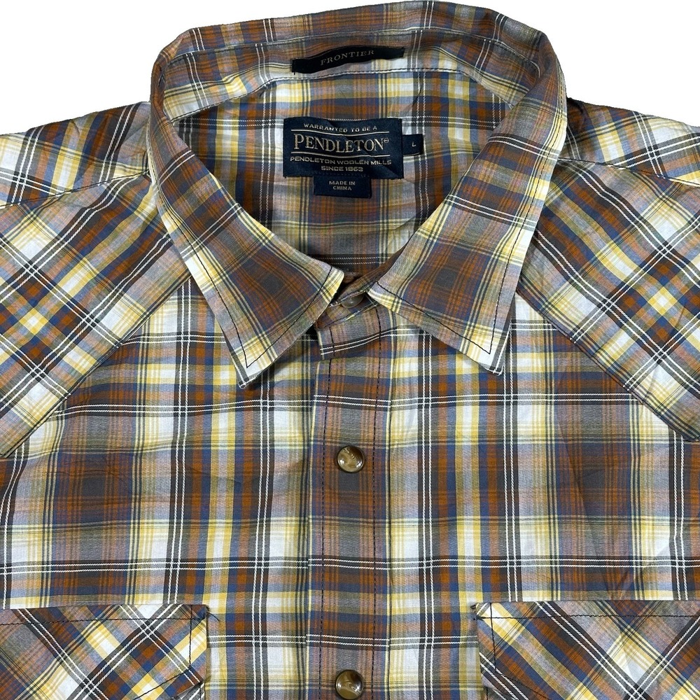 Pendleton Western Frontier Pearl Snap Brown Plaid Shirt Mens Large Long Sleeve